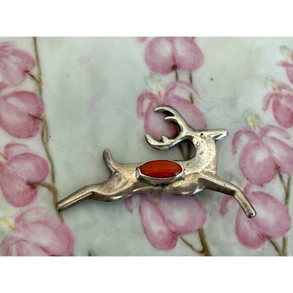 Navajo Jewelry - Vintage 60's Navajo Native American Brooch Leaping Deer Coral Stone 11.6 grams